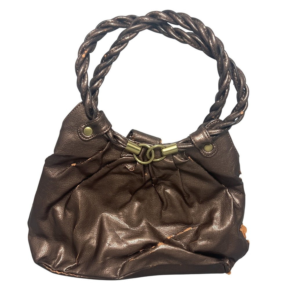 Metallic Bronze Faux Leather Shoulder Bag Braided Handle Magnetic Closure